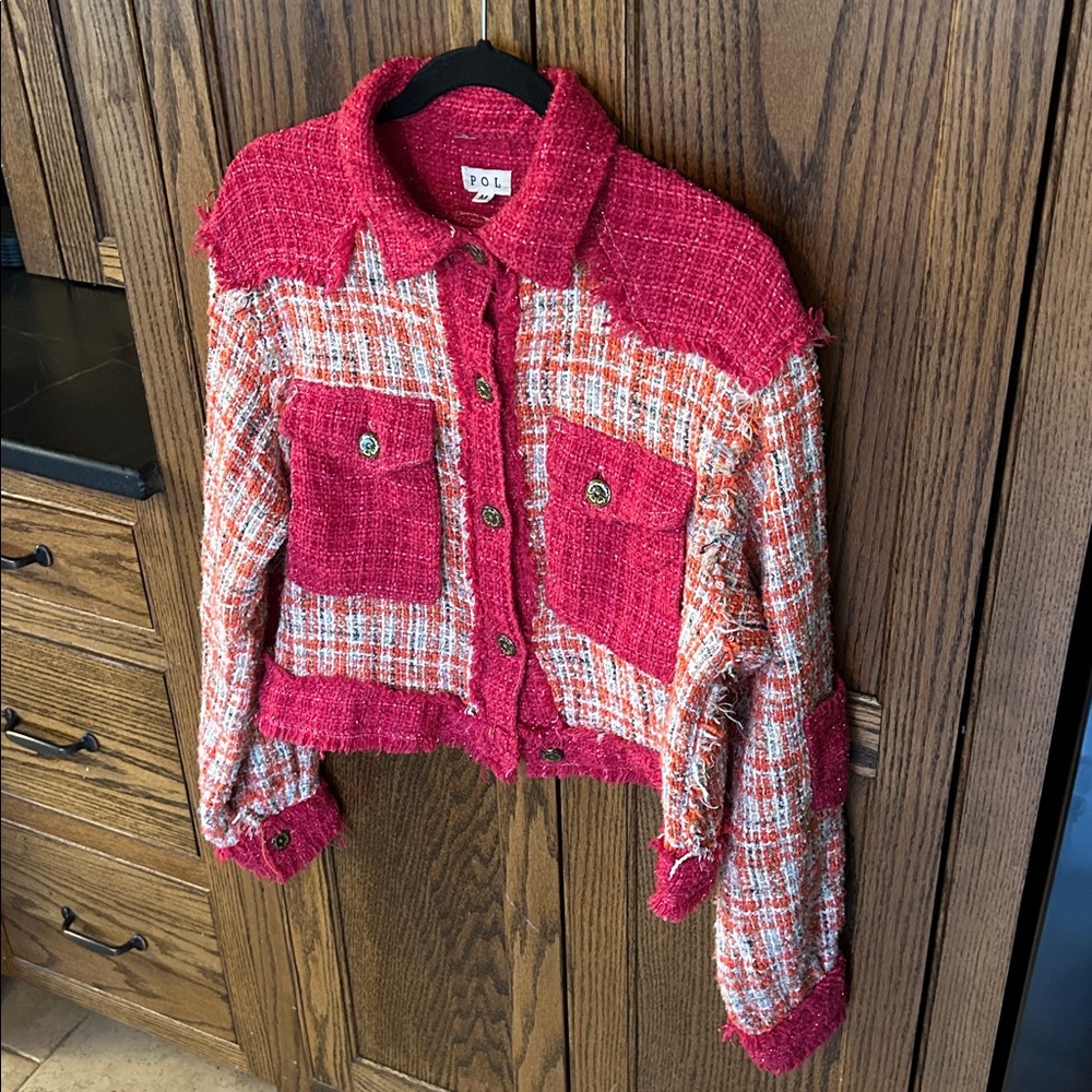 POL Pink Tweed Blazer Jacket Boxy‎ Fit Orange Shacket Medium - Picture 2 of 7